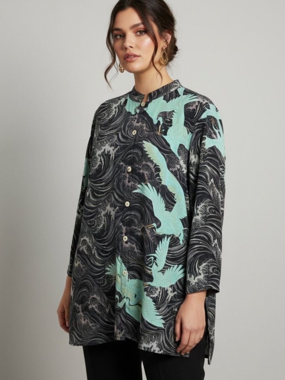 Citron Santa Monica Silk Tunic Crane Wave Print Embroidered Cottagecore Sz 1X